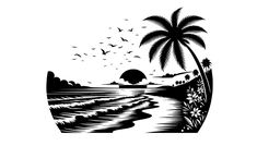 a black and white drawing of a beach with palm trees, birds flying over the water