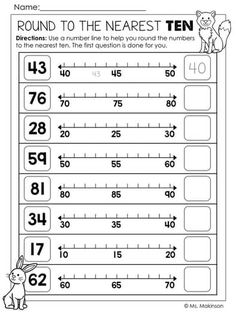 rounding to the nearest ten worksheet with numbers and countings on each side