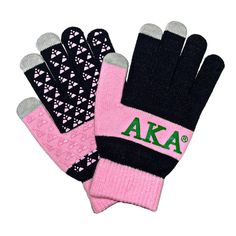 "Alpha Kappa Alpha Greek Letter Texting Gloves. Unique Design Allows For Texting Without Having To Take Off Gloves! Black, Pink And Green Knit Texting Gloves With Added Grips. 100% Acrylic. One Size Fits Most. Matches Our Knit Beanie Hat And Scarf Perfectly! Makes A Great Gift." Sorority Bags Totes, Sorority Art, Soccer Gloves, Striped Gloves, Handmade Mittens, Sorority Jewelry, Sorority Sweatshirts, Texting Gloves, Wool Gloves