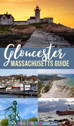 the cover of gloucester massachusetts's guide with images of lighthouses, boats and water