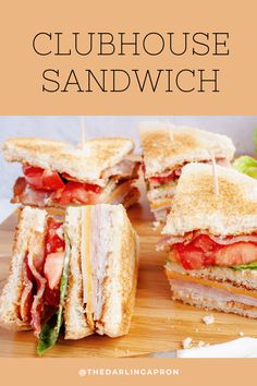 Clubhouse sandwich on a wooden cutting board Classic Blt Sandwich, Sandwich Panini, Sandwiches Recipes, Blt Sandwich, Turkey Ham, Filling Lunch, Ham Cheese