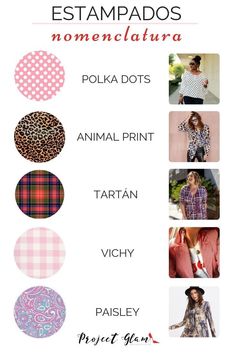 the different types of clothing are shown in this graphic style, including plaid and polka dots