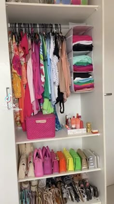 an organized closet with shoes, handbags and purses