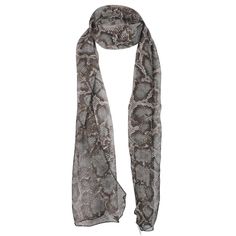 Add some edge to your outfits with our snake and crocodile print chiffon scarf. Made from lightweight material, it's perfect for any season. 
 Key Features: 
 
 TRENDY ANIMAL PRINT: Stylish snake and crocodile print that adds some personality to your plain outfits 
 LIGHTWEIGHT MATERIAL: Made from a lightweight chiffon fabric that is perfect for any season 
 GREAT GIFT IDEA: Makes a wonderful gift for birthdays, Mothers Day, Valentines Day & more 
 VERSATILE WEAR: Can be styled in various ways to complete your look 
 SIZE AND CARE: Measures 35 x 155cm (14 x 64 inch). Cold hand wash recommended, not suitable for tumble drying. Trendy Scarf, Crocodile Animal, Trendy Scarves, Animal Print Design, Plain Outfits, Crocodile Print, Chiffon Scarf, Print Chiffon, Chiffon Fabric