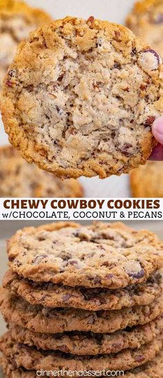 chewy cowboy cookies with chocolate, coconut and pecans in the middle are stacked on top of each other