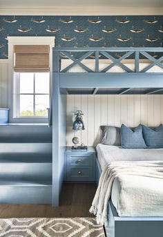 A bunk room for the kids with white shiplap and whale wallpaper. Custom new build waterfront home in Figure Eight Island, NC, designed by Herlong Architects + Interiors Custom Bunk Bed, Bed Installation, Whale Wallpaper, Diy Bunk Bed, Home Interior Accessories