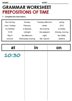 the worksheet for prepositions of time is shown in red and blue