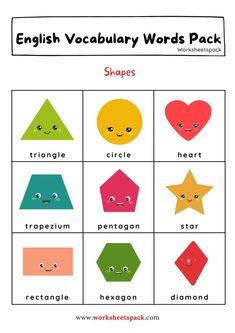 an english vocaular words pack with different shapes and sizes, including hearts, stars,