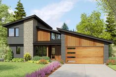 this is a computer rendering of a modern style house with wood accents and garage doors