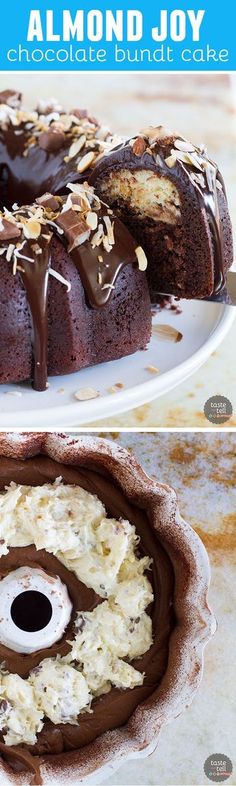 chocolate bundt cake with almonds on top and frosting in the middle for decoration