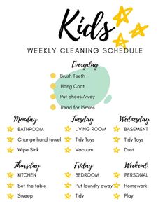 the kids's cleaning schedule is shown in black and yellow with stars on it