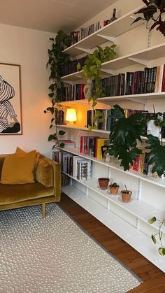 a living room filled with furniture and lots of books on the shelves in front of it