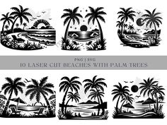 the silhouettes of palm trees and beach scenes are drawn in black on white paper