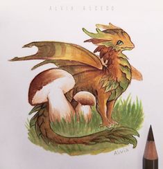 a drawing of a dragon sitting on top of grass next to a mushroom and mushrooms