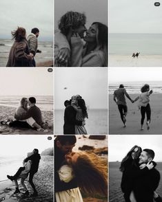 black and white photos of people on the beach with one woman kissing another man's forehead