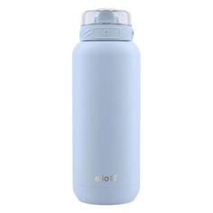 thermos stainless steel water bottle in light blue is shown on a white background