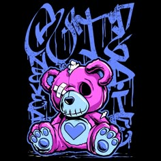 a pink and blue teddy bear sitting in front of graffiti on a black background,