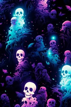 a bunch of skulls that are in the air with some lights on them and one is glowing