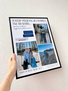 a person is holding up a magazine with photos on the front and back cover,