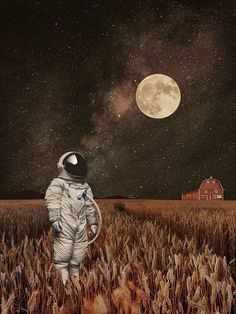 an astronaut standing in the middle of a wheat field with a full moon behind him