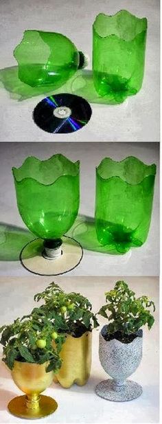 three different pictures of green glass vases with plants in them, and one has a cd on it