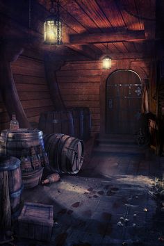 a room with barrels and lights in it