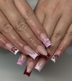 Red Flower Acrylic Nails, Red And Pink Acrylic Nails, Cute Nails Acrylic Red, Acrylic Nail Designs French Tip Ideas, Red Vacation Nails, Red And Pink Nails Ideas, Stylish Nails Summer, Summer Nails Floral, Nails Pink And Red