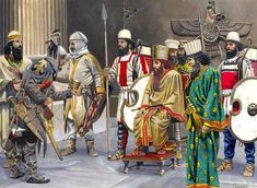 an image of men dressed in ancient roman costumes and holding shields with other men standing around them