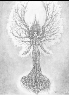 a drawing of a woman with trees in her arms and branches around her body, on a gray background