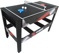 the ping pong table is black with red accents and white piping on it