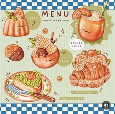 an illustration of different foods and drinks on a checkered tablecloth with the words menu orange juice