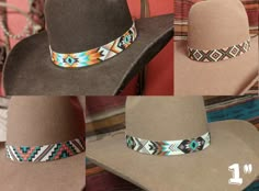 Beaded Belts Patterns, Western Fashion Jewelry, Cowboy Hat Bands, Leather Cowboy Hats, Beaded Hat Bands, Bead Loom Designs, Hat Bands, Beaded Hat, Beaded Jewlery