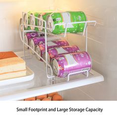 an open refrigerator filled with lots of different types of food and drink cans next to each other