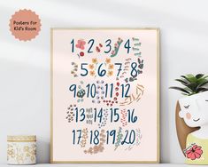 a poster with numbers and flowers on it next to a potted plant in front of a white wall