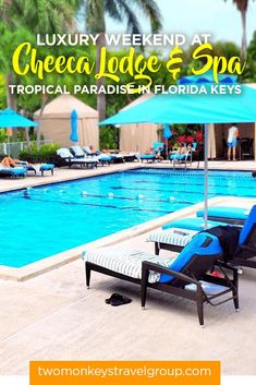 an empty pool with lounge chairs and umbrellas next to it is featured in this postcard