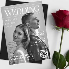 a red rose sitting next to a wedding magazine with a photo on it and a qr code