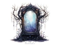 an artistic illustration of a mirror surrounded by trees and branches with the light shining through it