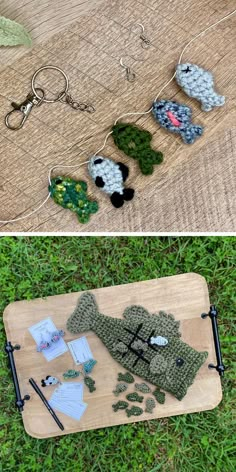 crocheted items are laid out on the ground to be used as ornaments or decorations