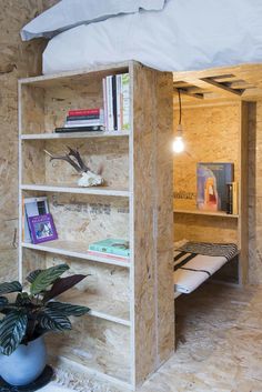 there is a book shelf in the room with books on it and a plant next to it