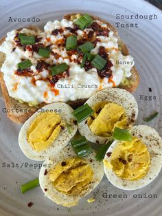 Sourdough toast topped with avocado, cottage cheese, chili crunch, honey, and green onions with a side of hard boiled eggs. Cottage Cheese Recipes, Easy Meatloaf, Lunch Idea, Delicious Lunch, Recipes Crockpot