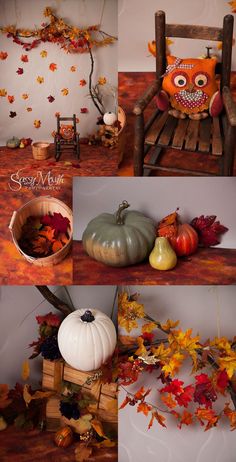 four different pictures of pumpkins, leaves and an owl sitting on a wooden chair