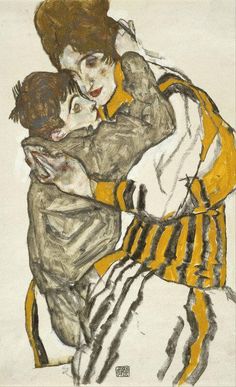 a drawing of two people hugging each other in front of a white and yellow background