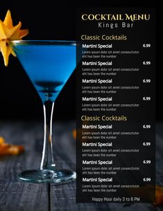 a menu for a cocktail with blue liquid