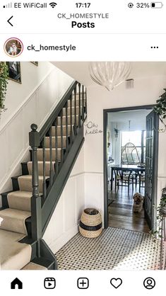 an instagram page on facebook showing the stairs leading up to a dining room table