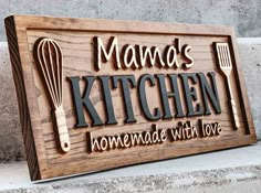 Personalized, wood carved, kitchen name sign. Fill in the text boxes above to customize. Each sign will be crafted to match the design layout depicted in the main listing image, with the exception of the personalized text submitted at checkout. PRODUCT FEATURES:• Carved 3/4" Solid Pine Wood• Natural Wood Stain• Installed Sawtooth Hanger• 3D Lettering & Images• Handmade in Michigan• Available in three sizes : 9.25" x 23" (as shown), 11.25" x 28", or a 11.25" x 36".>>> PERFECT FOR <<<--- Mom, Dad, Cnc Patterns Free, Moms Kitchen Sign, Diy Family Signs Wood Wall Decor, C&c Machine Wood Projects, Cnc Machine Projects Ideas, Wood Projects With Cricut Maker, Personalized Kitchen Signs, Laser Engraving Ceramic Tile, Laser Home Decor