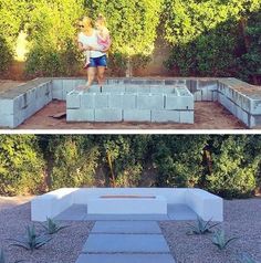 two pictures side by side, one is made out of cinder blocks and the other has plants