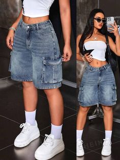 SHEIN ICON Shorts de mezclilla casuales para mujer con diseño sencillo | SHEIN Street Style Wear For Women, Flared Shorts Outfit, How To Style Denim Shorts, Baggy Shorts Outfits Women, Outfit Short Jean, Bermuda Outfits, Streetwear Women Summer, Short Jeans Outfit, Cargo Shorts Outfits Women