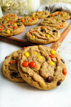 chocolate chip cookies with candy corn and m & ms on top