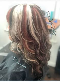 Red Blond Brown Hair, Red Blond And Brown Hair Highlights, Red And Blonde Streaks In Brown Hair, Hair Color Ideas Chunky Highlights, 2000s Chunky Highlights Red, Black And Red Chunky Highlights Curly Hair, Red Hair With Chunky Highlights, Tri Color Chunky Highlights, Calico Chunky Highlights