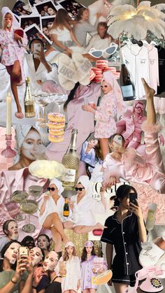 a collage of women in pink and white dresses, with many pictures on the wall